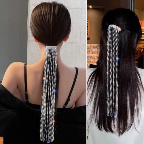 Shine Full Rhinestone Hairpins Hair Clips for Women Bijoux Long Tassel Crystal Hair Accessories Wedding Banquet Jewelry 2021