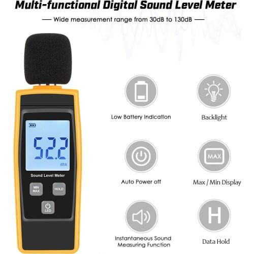 LCD Digital Sound Level Meter DB Meters 30-130dBA Noise Volume Measuring Tool Decibel Monitoring Tester Max/Min/Data Hold Mode