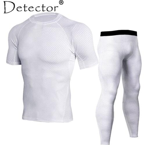 Detector Men Workout Fitness Bodybuilding Tight Short Sleeves Shirts Leggings Sport Suit Compression Shirt Pants Set Sportswear