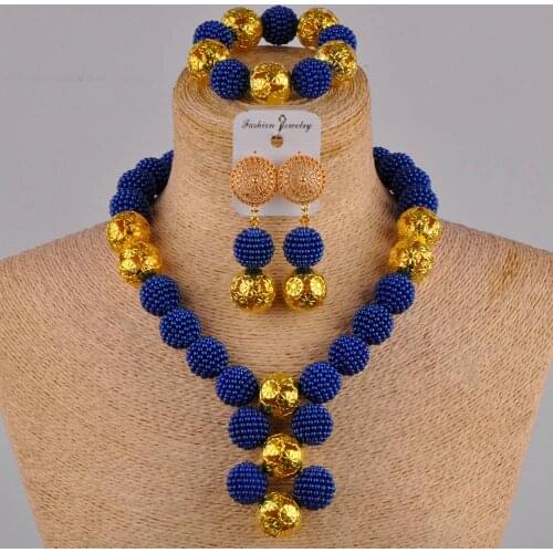 Europe and America Nigerian beads African necklace royal blue simulated pearl party jewelry set ZZ05