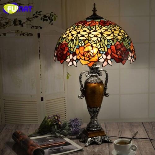 FUAMT European Vintage Tiffany Art Light Living Room Bed Room Table Lamps Creative Warm Retro Stained Glass LED Table Lamp