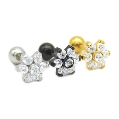 Flower Zircon Ear Stud Crystal CZ Gem Ear Tragus Surgical Steel For Women Cartilage Piercing Jewelry High Quality