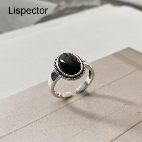 Lispector 925 Sterling Silver Vintage Oval Black Agate Rings for Women Minimalist Retro Texture Elegant Open Ring Female Jewelry