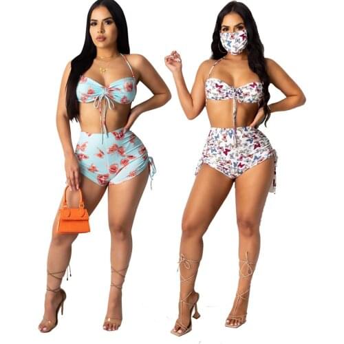 Echoine Butterfly Printed Bra Crop Top Shorts Set Two Piece Set Skinny Bodycon Lace Up Bra women swimming briefs bikini shorts
