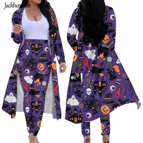 Jackherelook Purple Halloween Pumpkin Ghost Skull Pattern Plus Size Long Sleeve Cardigan Skinny Pants Set Two Piece Outfits 2021