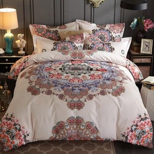 100% Cotton Sanding Printed Flower Bedding Set Luxury Royal Bed Sheet set Duvet Cover Pillowcase Queen King 4pcs white colorful