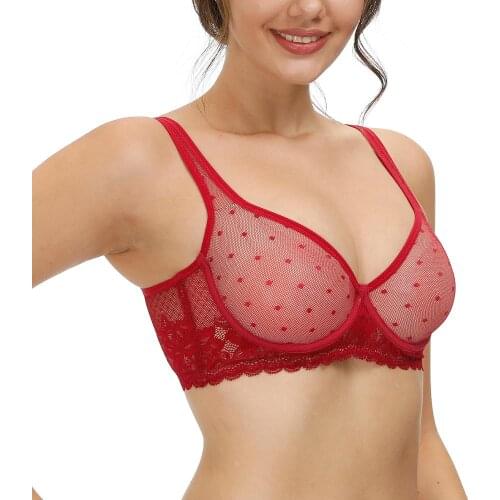 Yandw Lace Lingerie Mesh Hollow Unlined Women Bra padded See Through Underwire Bras for Women Minimizer Full Coverage Bralette