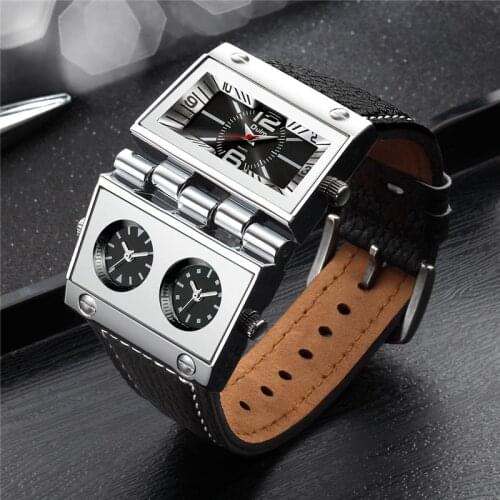 OULM HP9525 Big Dial Male Quartz Watch 3 Time Zone Unique Design Mens Sport Watches Punk Style Leather Wristwatch Dropshipping
