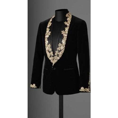 2020 Autumn Winter Black Velvet Gold Lace Appliques Performance Male Jacket Wedding Prom Party Suits blazer Jacket