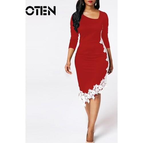 OTEN 2019 Autumn New Pencil Midi Irregular Dress Women Patchwork Lace Elegant Work Office Long Sleeves Party Clothing Plus Size