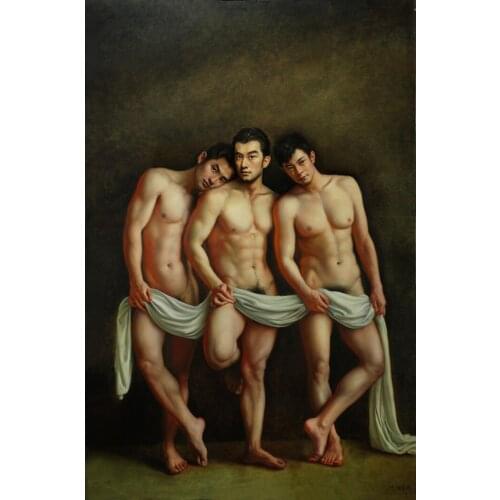 Special offer # original Romantic TOP NUDE ART oil painting --Dancer NUDE MALE MAN THREE MEN body gay ART --36"GOOD quality