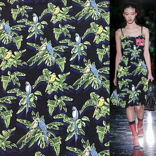 Banana leaf and parrot print silk Crepe DE chine fabric 138cm width,SCDC939