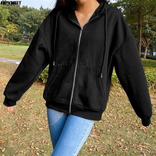 Autumn Winter Fashion Zip Up Oversized Hoodies Solid color long sleeves Casual Sweatshirts Clothing Female Tops Keep warm Hoodie