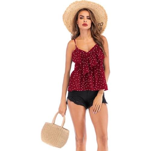 Womens new Polka Dot Ruffle V-neck Camisole sleeveless open back short top women Womens wear T-shirt vest suspender Backless