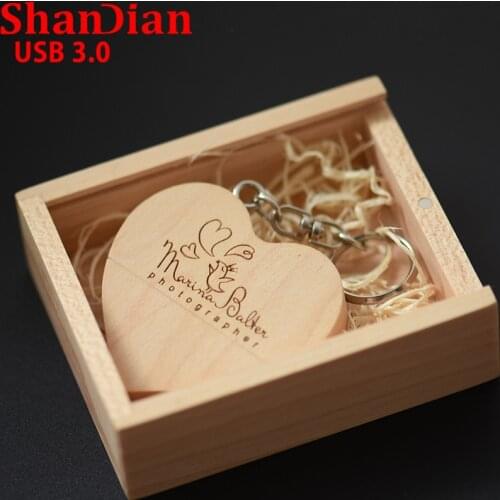 SHANDIAN USB 3.0 (over 1 PCS free LOGO) walnut wooden heart + gift box USB flash drive USB creative pendrive 8GB 16GB 32GB 64GB