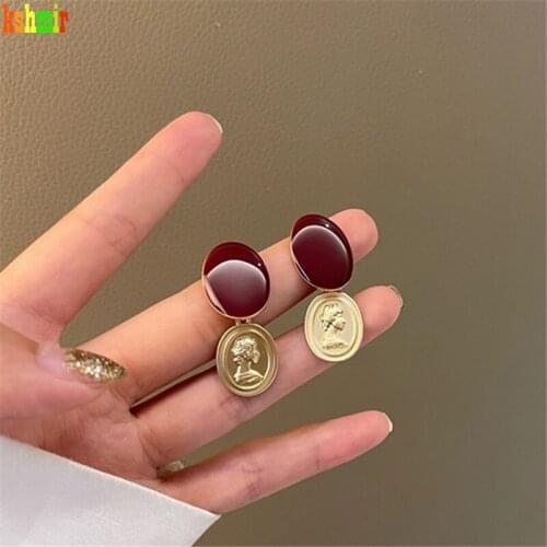 Kshmir Vintage metal ear studs creative coins head drop oil earrings temperament wine red earrings jewelry gifts 2021