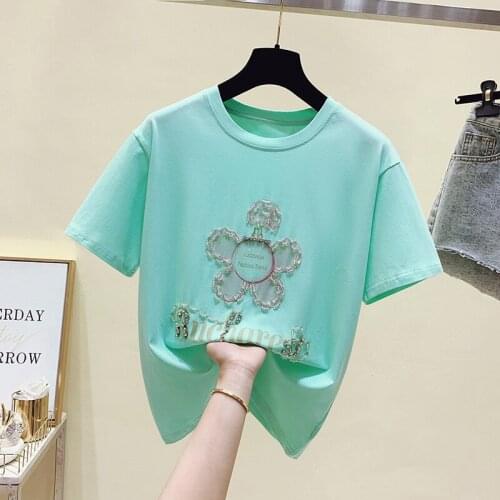 2021 new Korean Letter printing Beading Summer Fashion T Shirt Women Tops Loose Short sleeve Women Tshirt aesthetic clothes