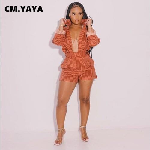 CM.YAYA Women Set Striped Full Sleeve Turn-down Collar Single Breasted Shirts Tops Pockets Shorts Two 2 Piece Sets Outfits Fall