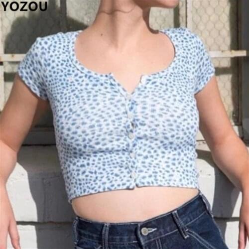 Women summer button up single breasted blue leopard printting short sleeve crop top cropped tee tshirt for female