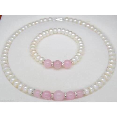 Brinco Brincos Ddh001154 Pretty 8-9mm Natural White Pearl & Pink Gem Beads Necklace Bangle Jewerly Sets For Women Jewelry