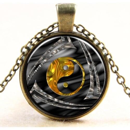 Gold Yin Yang Tai Chi Pendant Necklace Antique Bronze Chain Glass Cabochon Necklace Vintage Jewelry Gift For Women Men
