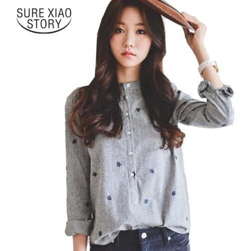 2017 New Arrival Womens Blouse Small Striped Shirt Collar Printed Leaves Thin Womens Long Sleeved Shirt Womens Tops 335F30