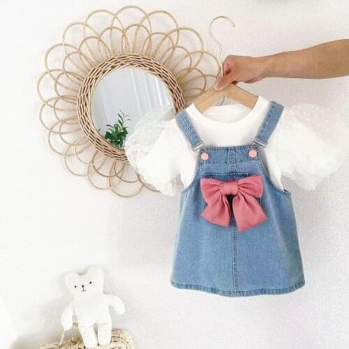 2021 Summer Girls' Suit Bowknot Denim Strap Dress Baby Fashion Puff Sleeve Shirt Sweet Set Childrens Toddler Clothing