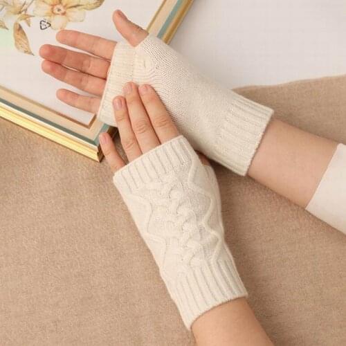 2021 Autumn/winter new thickening 100% pure cashmere ladies gloves knitted twisted flowers exposing finger gloves