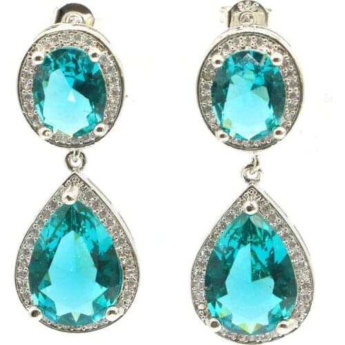 34x14mm European Design Created Blue Aquamarine Red Blood Ruby Tanzanite For Ladies Daily Wear Silver Earrings Wholesale