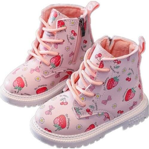 Girl Martin Boots Fashion Cute Strawberry Printing Warm Female Baby PU Leather Booties Autumn Winter New Thin Cotton Kids Shoes