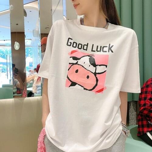 Japanese style cute cartoon printing short-sleeved round neck T-shirt mid-length top loose wild summer T-shirt