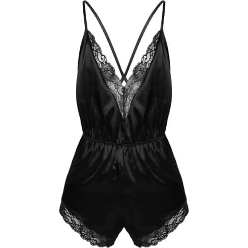 Mens Male Fashion Clubwear One-piece Lingerie Babydoll Spaghetti Strap Lace Trimmed Jumpsuit Satin Pajamas Sleepwear Nightwear