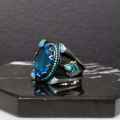 Aqua Quartz and Turquoise Gemstone Dimming Silver Men 'S Ring