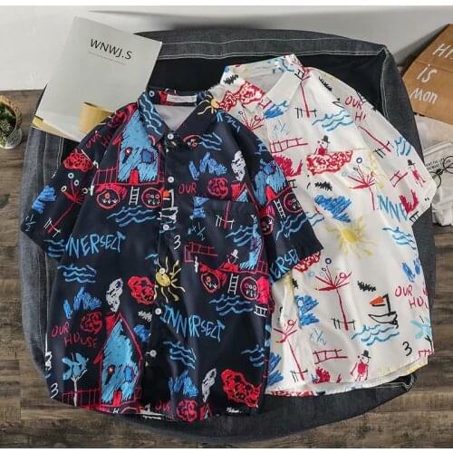 2020 New Mens Shirts Fashion Japan Style Graffiti Streetwear Short sleeve Shirts Men Casual Harajuku Sweatshirt Tops Shirt Homme