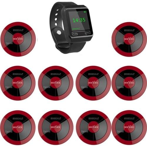SINGCALL Paging System, Wireless Queue Calling System to Call Waiters, 10 APE320 Waterproof Buttons and 1 APE6800 Watch Receiver