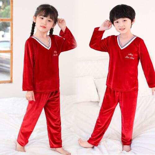 Boys Girls Pajamas Set Winter Children New Unisex V-Neck Pijamas Kids Soild Warm Homewear Pyjama Christmas Blue Velvet Sleepwear