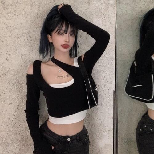 Sexy Low Cut U-Neck Long-sleeved Tank Tops Fake Two Pieces Dance Oblique Shoulder Vest Slim High Waist Crop Corset Tops T-Shirts