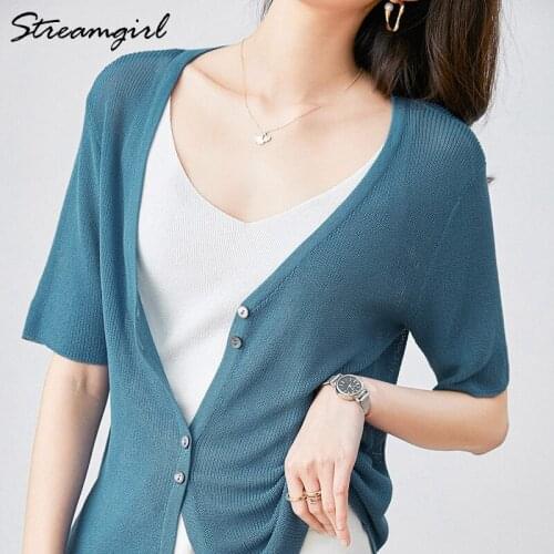 Streamgirl Womens Summer Cardigan Thin Knit Short Cardigans For Women Short Sleeve Thin Blue Button Up Cardigan Summer 2020