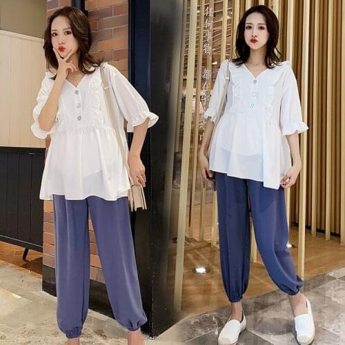 4925# Maternity Tops+ Pants Two-piece Maternity Clothes Loose Stylish Long Sleevess Set Pregnant Women Pregnancy Clothes