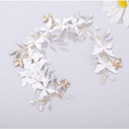 Bride Girl Hair Jewelry Handmade White Butterfly Opal Crystal Soft Chain Hair Jewelry