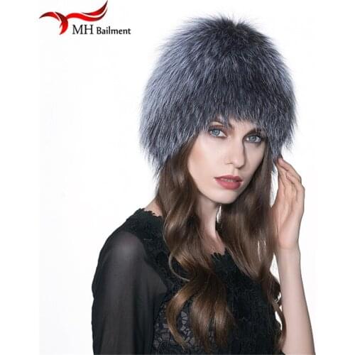 Women Winter For Fur Hat Genuine Fox Fur Hats Knitted Headgear Silver Fox Fur Caps Female Russian Beanies Cap W#13