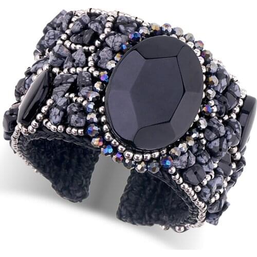 Bohemian Handmade Weaving Beaded Cuff Bracelet Bangle for Girls Women Trendy Natural Stones Crystal Flowers Statement Bracelet