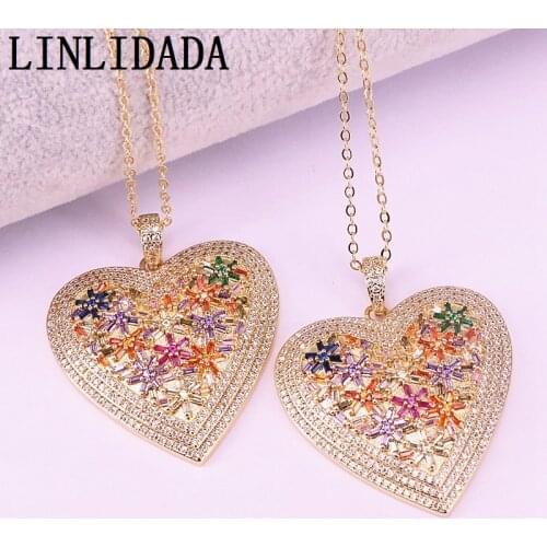 3Pcs Big Flower Heart Pendant Charm Micro Paved Multicolor CZ Jewelry Golden Rainbow Delicate Necklace