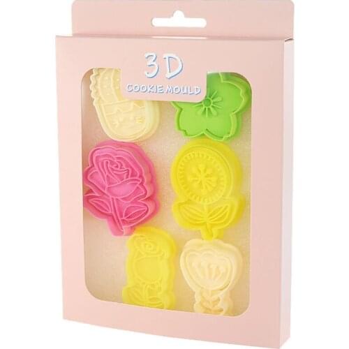 6pcs 3D Rose Flower Cookie Cutters Pressable Biscuit Mold Stamped Embossed Pastry Plunger Fondant Decorating Tools