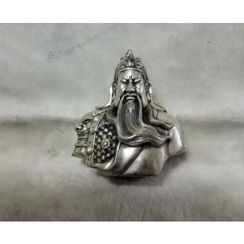 Antique Tibetan Silver sculpture of pure tiger head Guan Yu statue
