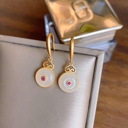 Antique Earrings Chinese Style S925 Sterling Silver Gilding Ruyi Special-Interest Design Natural Hetian Peace Buckle Eardrops fo