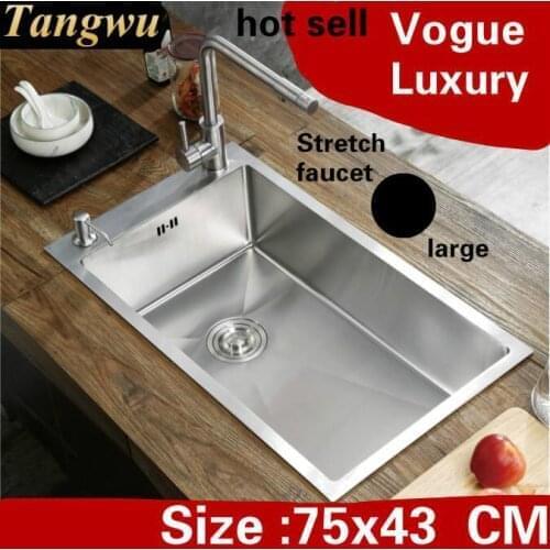 Free shipping Apartment large kitchen manual sink single trough luxury stretch faucet 304 stainless steel hot sell 750x430 MM