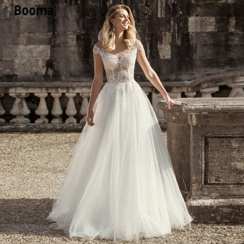 Booma Elegant Lace Wedding Dress with Cap Sleeve Boho Tulle Wedding Gown Custom Made Back illusion Beach Princess Party Dress
