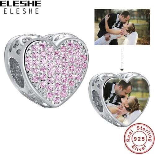 925 Sterling Silver Pink Crystal Heart Beads Charm Fit Original Bracelets Bangles DIY Personalized Custom Photo Wedding Jewelry