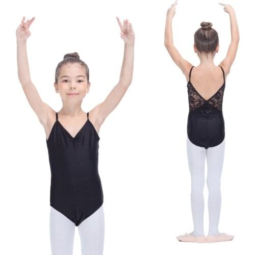 Black Shiny Nylon/Lycra Camisole Pinch Front Leotard with Lace Back Kids Ballet Dance Performance Bodysuit